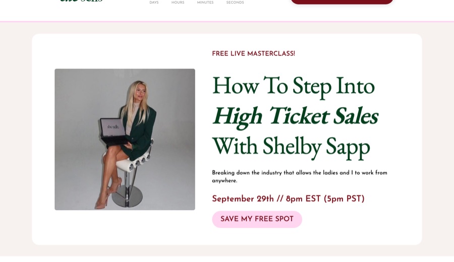 Landing de webinar de Shelby Sapp (learn.shesellsremote.com)